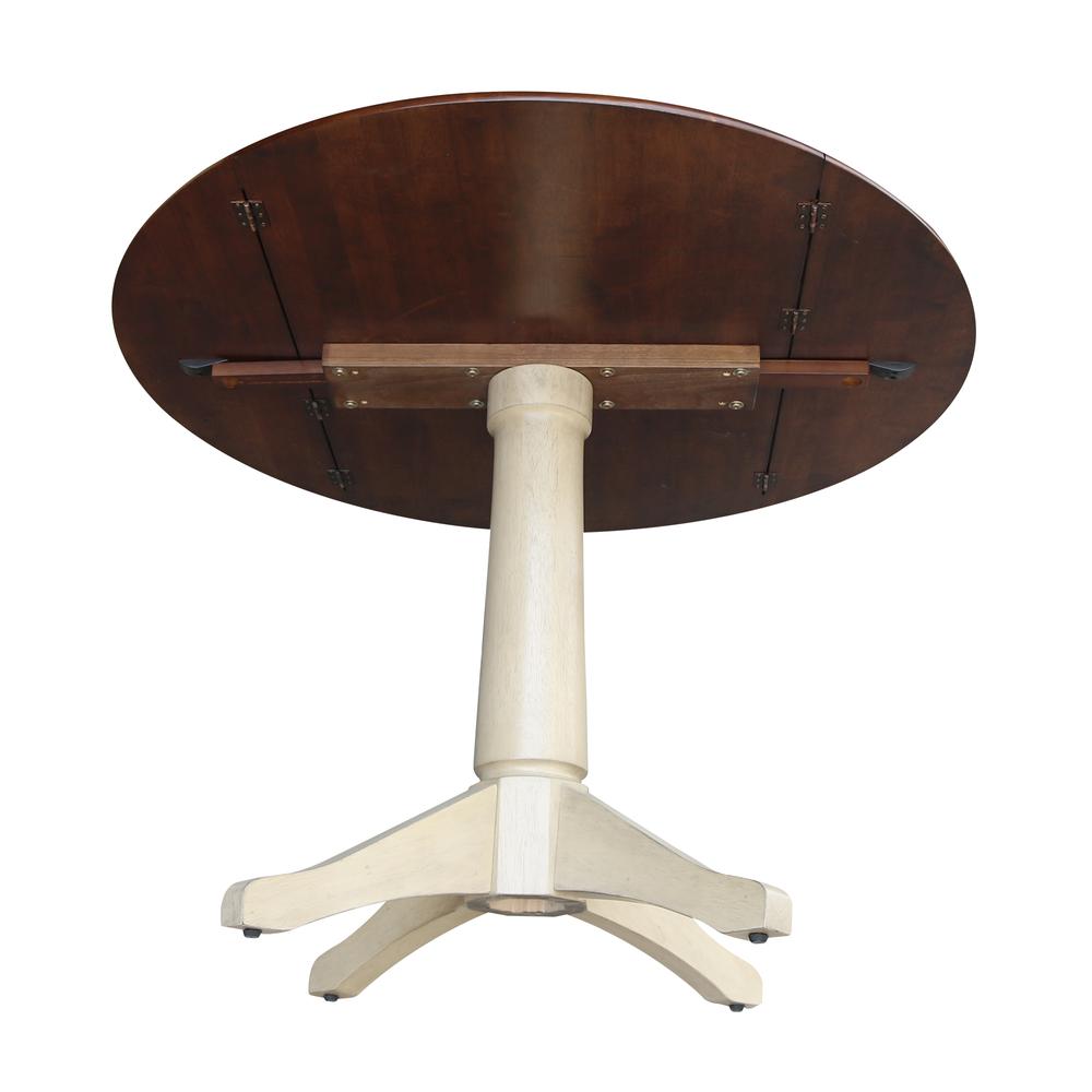 42" Round Dual Drop Leaf Pedestal Table - 29.5"H, Almond/Espresso Finish, Antiqued Almond/Espresso. Picture 49