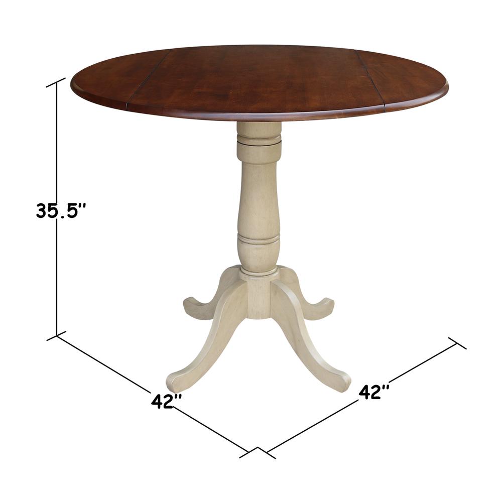 42" Round Dual Drop Leaf Pedestal Table - 35.5"H, Almond/Espresso Finish, Antiqued Almond/Espresso. Picture 1
