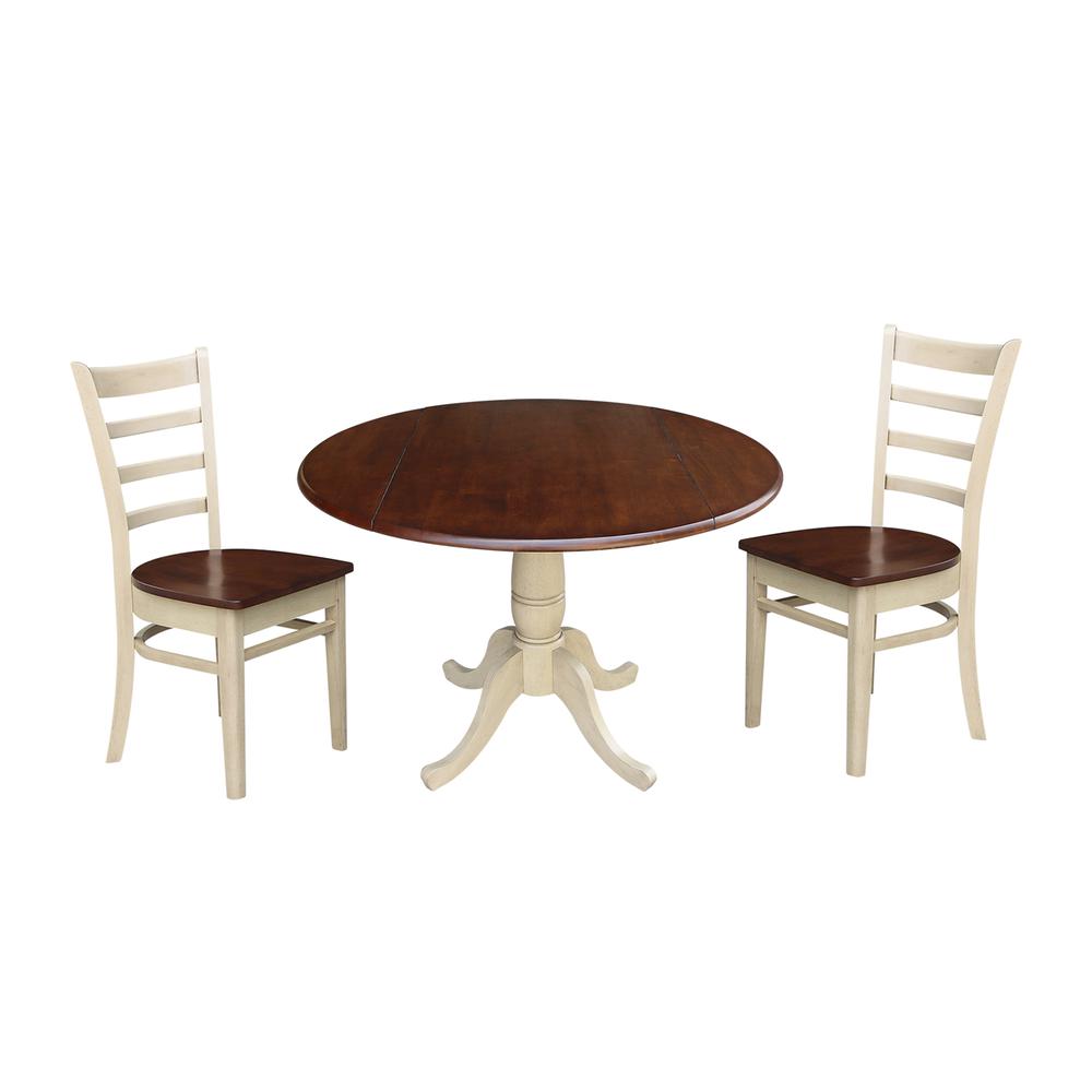 42" Round Top Pedestal Table with Two Chairs, Almond/Espresso Finish, Antiqued Almond/Espresso. Picture 3