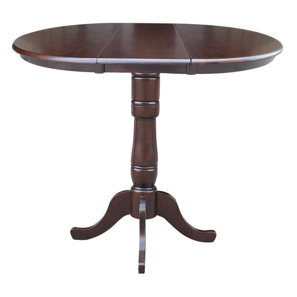 36" Round Top Pedestal Table With 12" Leaf - 34.9"H - Counter Height, Rich Mocha. Picture 4