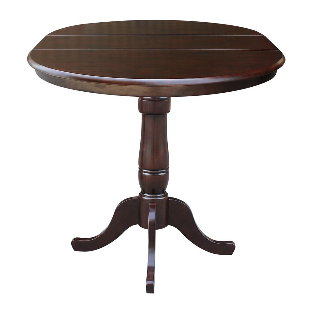 36" Round Top Pedestal Table With 12" Leaf - 34.9"H - Counter Height, Rich Mocha. Picture 1
