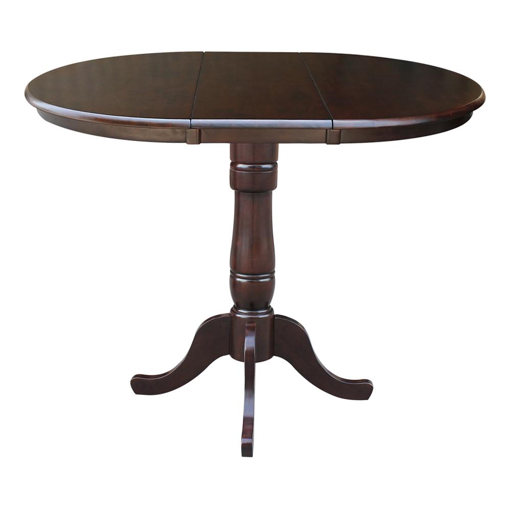 36" Round Top Pedestal Table With 12" Leaf - 34.9"H - Counter Height, Rich Mocha. Picture 3