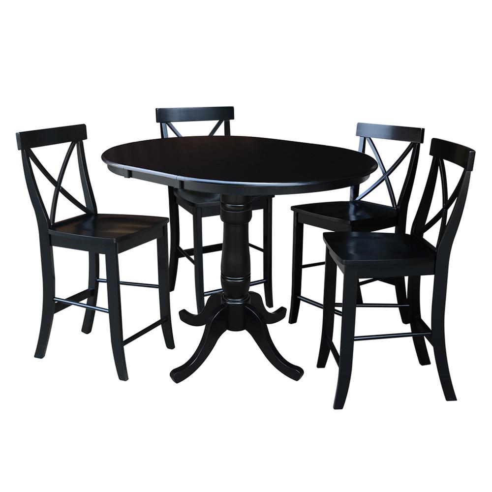 36" Round Extension Dining Table 34.9"H With 4 X-Back Counter height Stools, Black. Picture 1