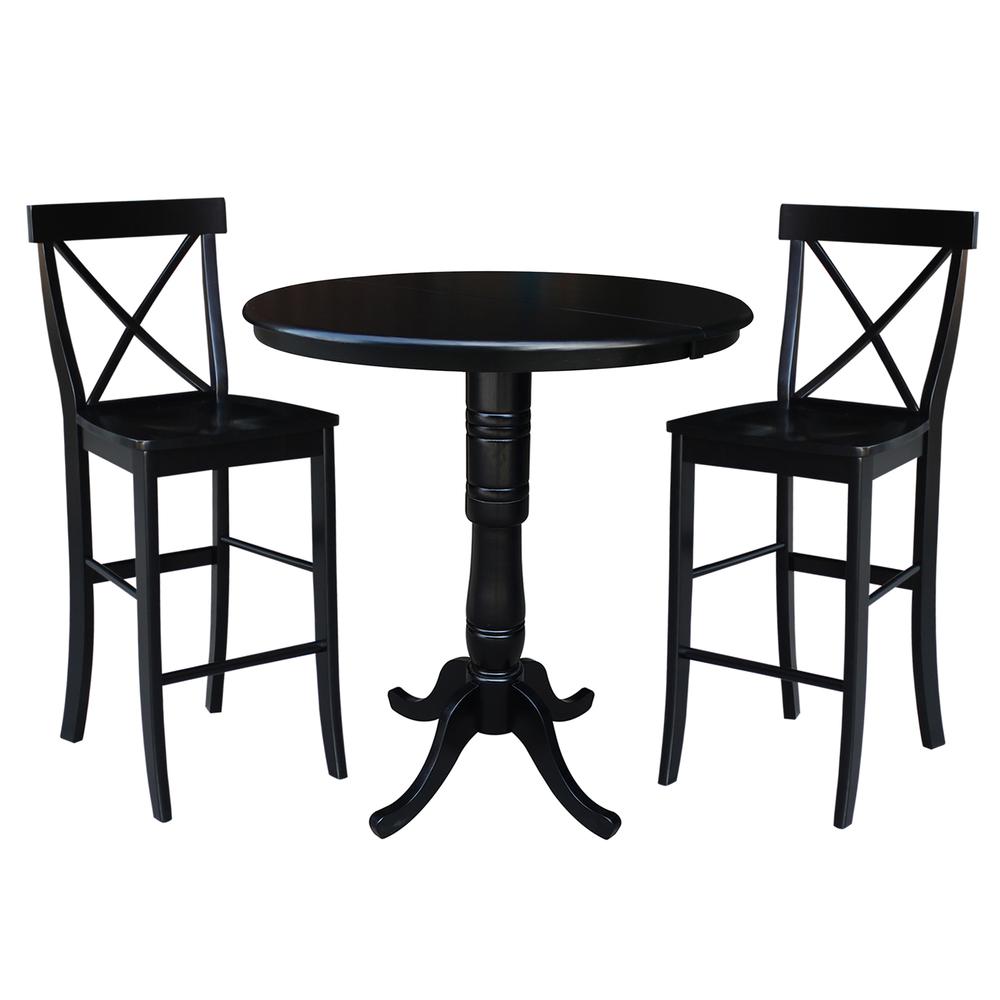 36" Round Extension Dining Table 40.9"H With 2 X-Back Bar height Stools, Black. Picture 1