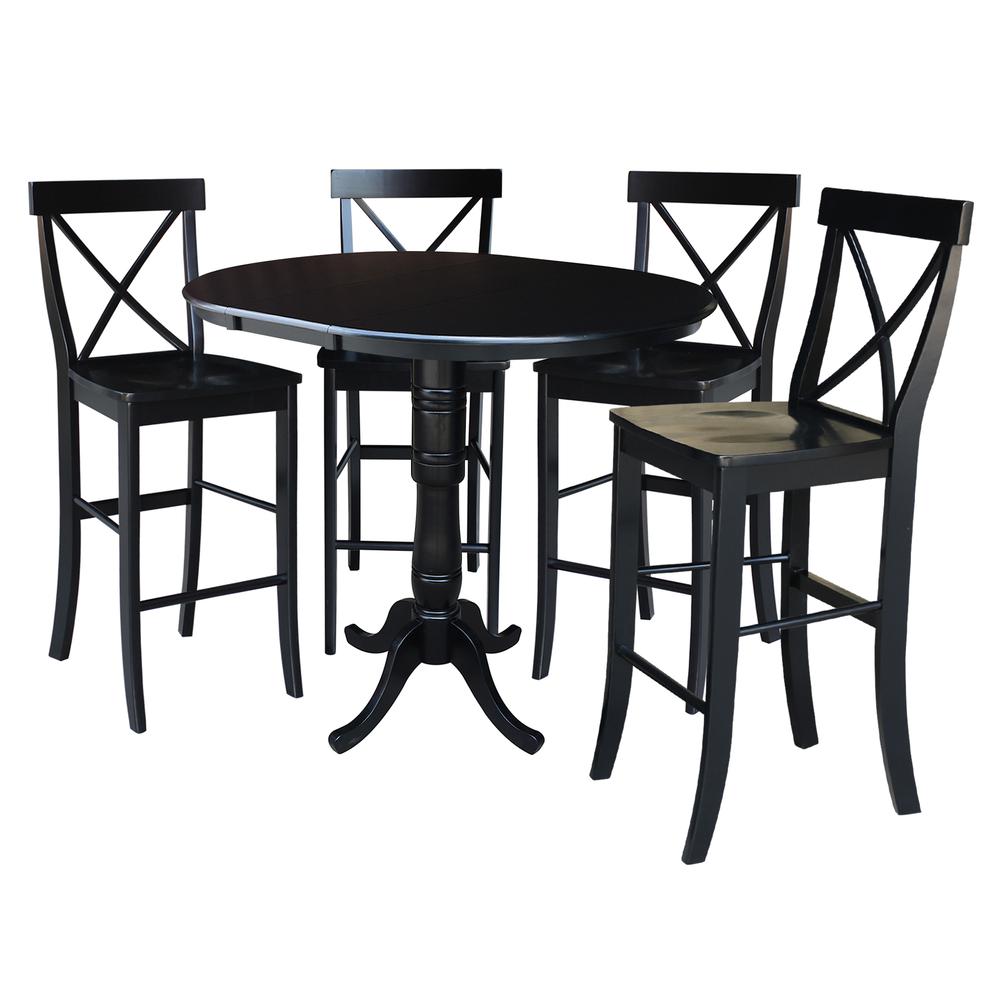 36" Round Extension Dining Table 40.9"H With 4 X-Back Bar height Stools, Black. Picture 1
