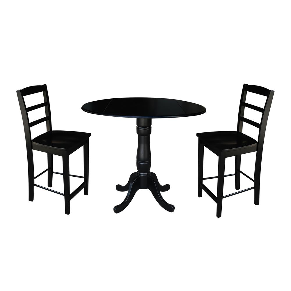 42" Round Pedestal Gathering Height Table with 2 Counter Height Stools, Black. Picture 3