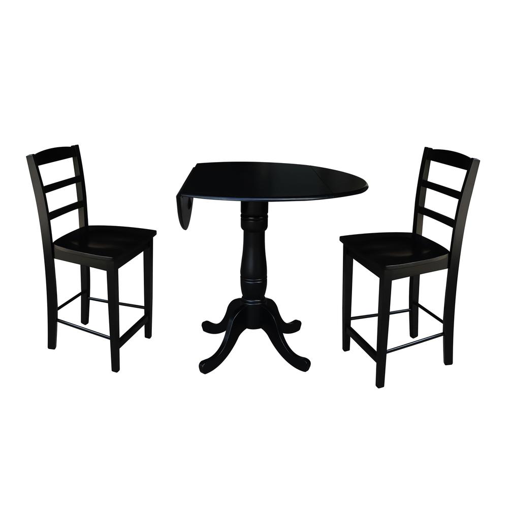 42" Round Pedestal Gathering Height Table with 2 Counter Height Stools, Black. Picture 1