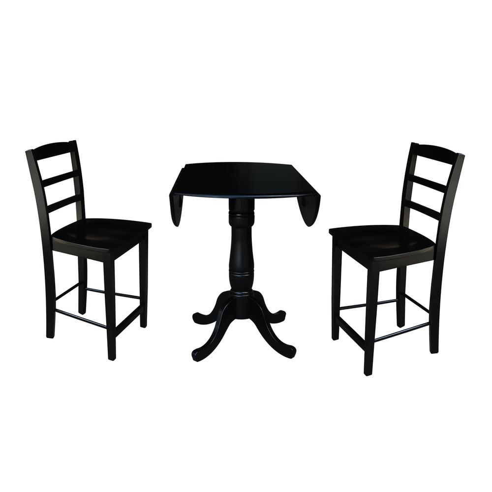 42" Round Pedestal Gathering Height Table with 2 Counter Height Stools, Black. Picture 2