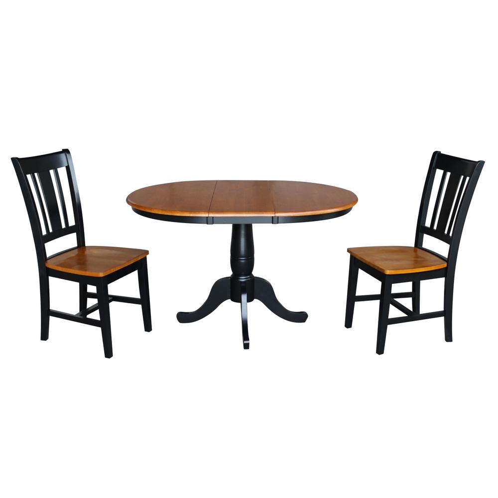 36" Round Top Pedestal Ext Table With 12" Leaf And 2 San Remo Chairs, Black/Cherry. Picture 1