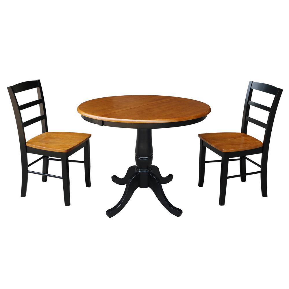 36" Round Top Pedestal Ext Table With 12" Leaf And 2 Rta Madrid Chairs, Black/Cherry. Picture 1