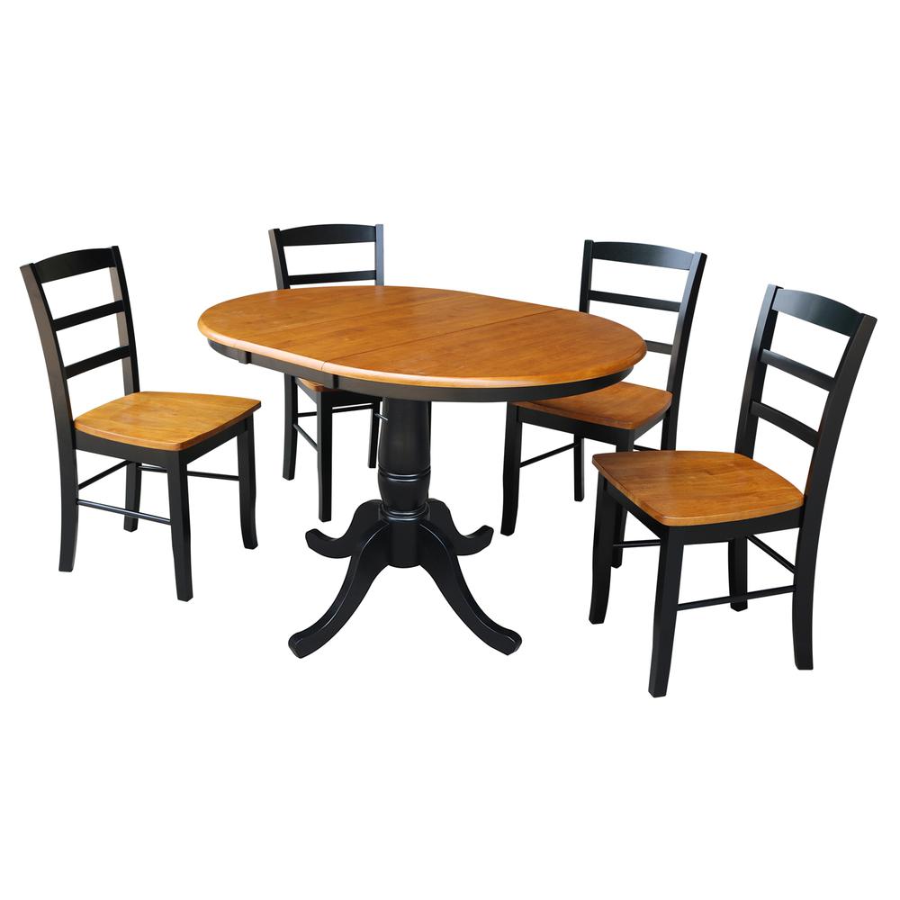36" Round Top Pedestal Ext Table With 12" Leaf And 4 Rta Madrid Chairs, Black/Cherry. Picture 2