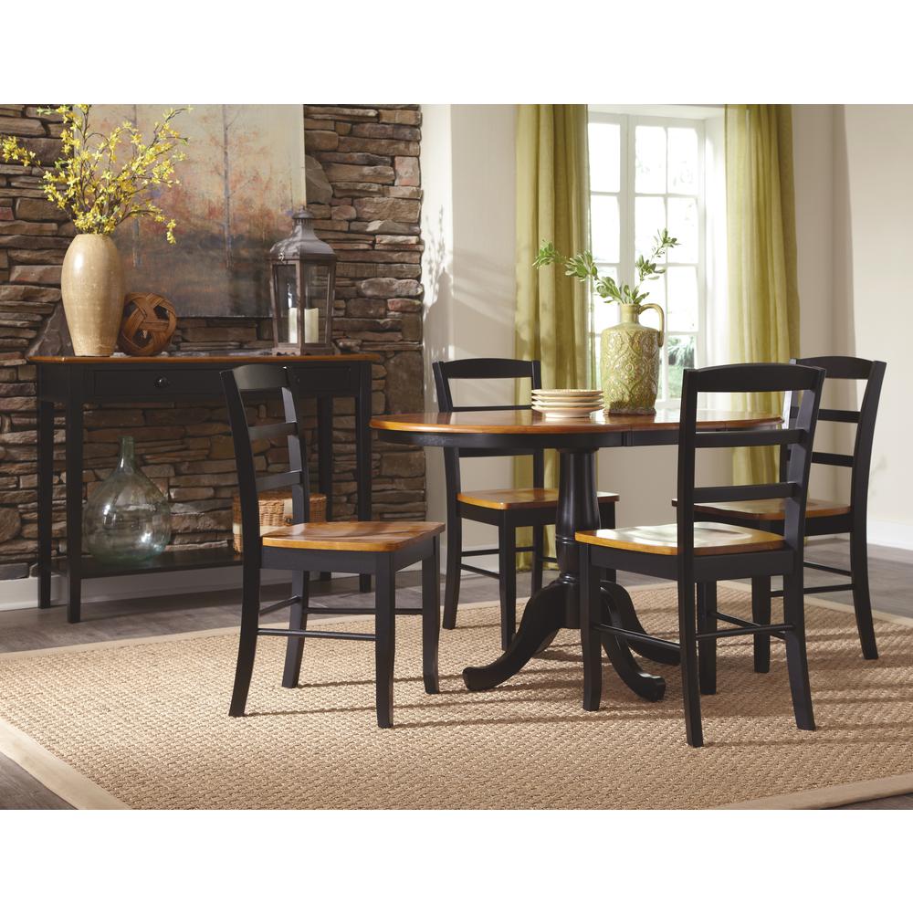 36" Round Top Pedestal Ext Table With 12" Leaf And 4 Rta Madrid Chairs, Black/Cherry. Picture 1