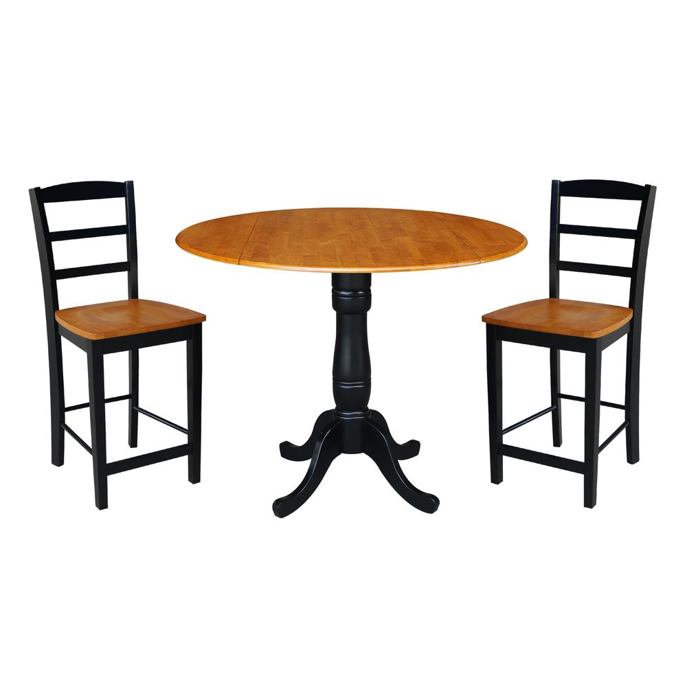 42" Round Pedestal Gathering Height Table with 2 Counter Height Stools, Black/Cherry, Black/Cherry. Picture 3