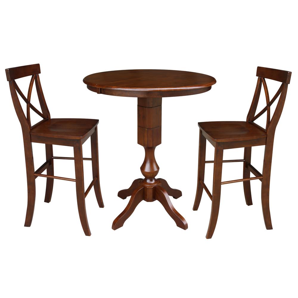 36" Round Extension Dining Table 40.9"H With 2 X-Back Bar height Stools, Espresso. Picture 1
