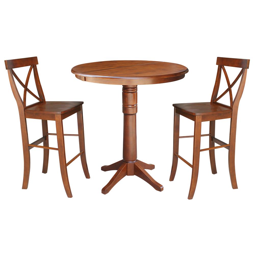 36" Round Extension Dining Table 40.9"H With 2 X-Back Bar height Stools, Espresso. Picture 1