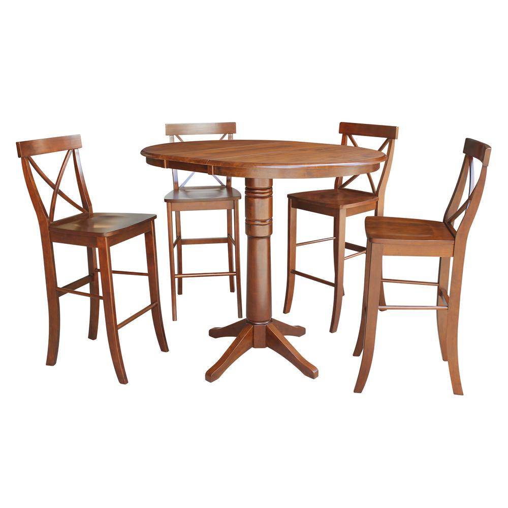 36" Round Extension Dining Table 40.9"H With 4 X-Back Bar height Stools, Espresso. Picture 1