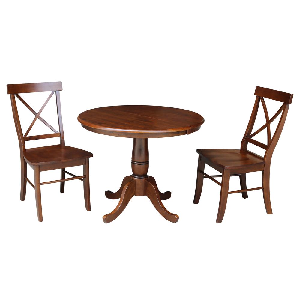 36" Round Top Pedestal Ext Table With 12" Leaf And 2 X-Back Chairs, Espresso. Picture 1