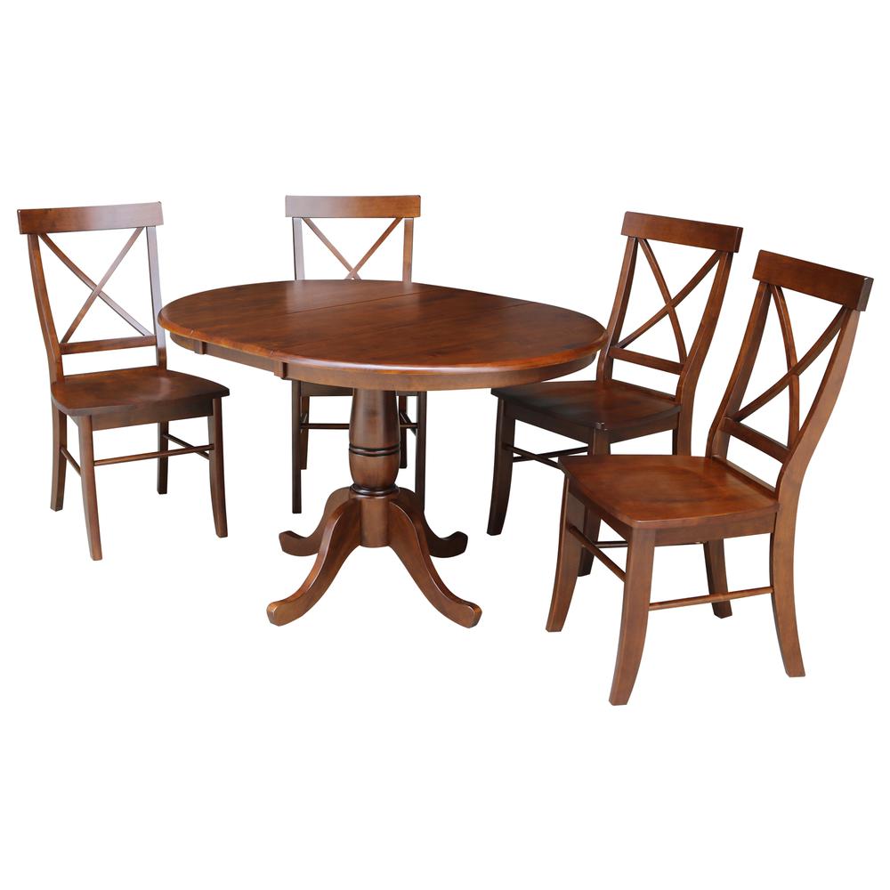 36" Round Top Pedestal Ext Table With 12" Leaf And 4 X-Back Chairs, Espresso. Picture 1