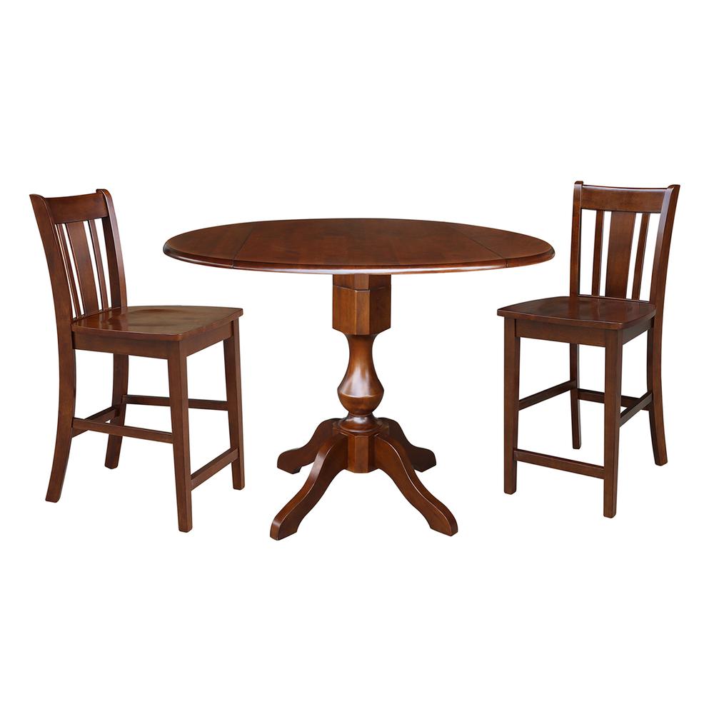 42" Round Pedestal Gathering Height Table with Two Counter Height Stools, Espresso. Picture 3