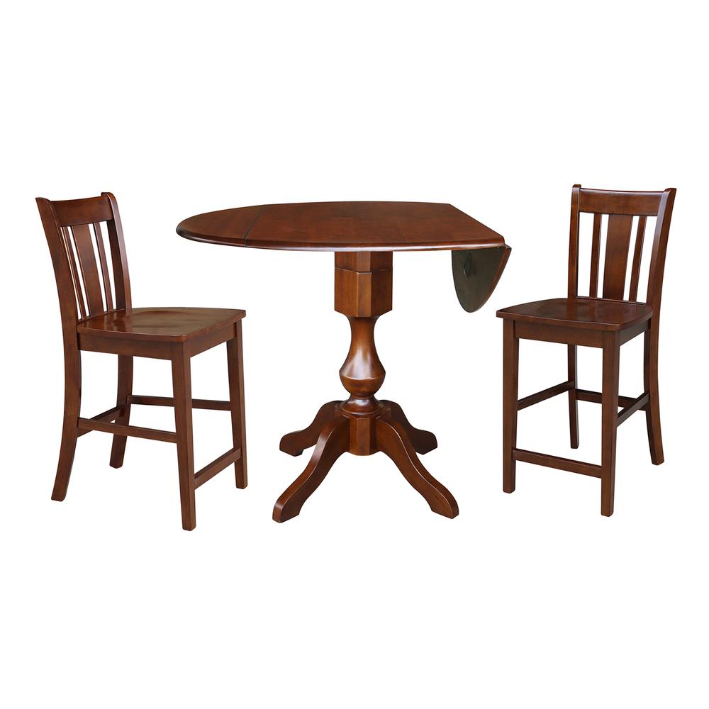 42" Round Pedestal Gathering Height Table with Two Counter Height Stools, Espresso. Picture 1
