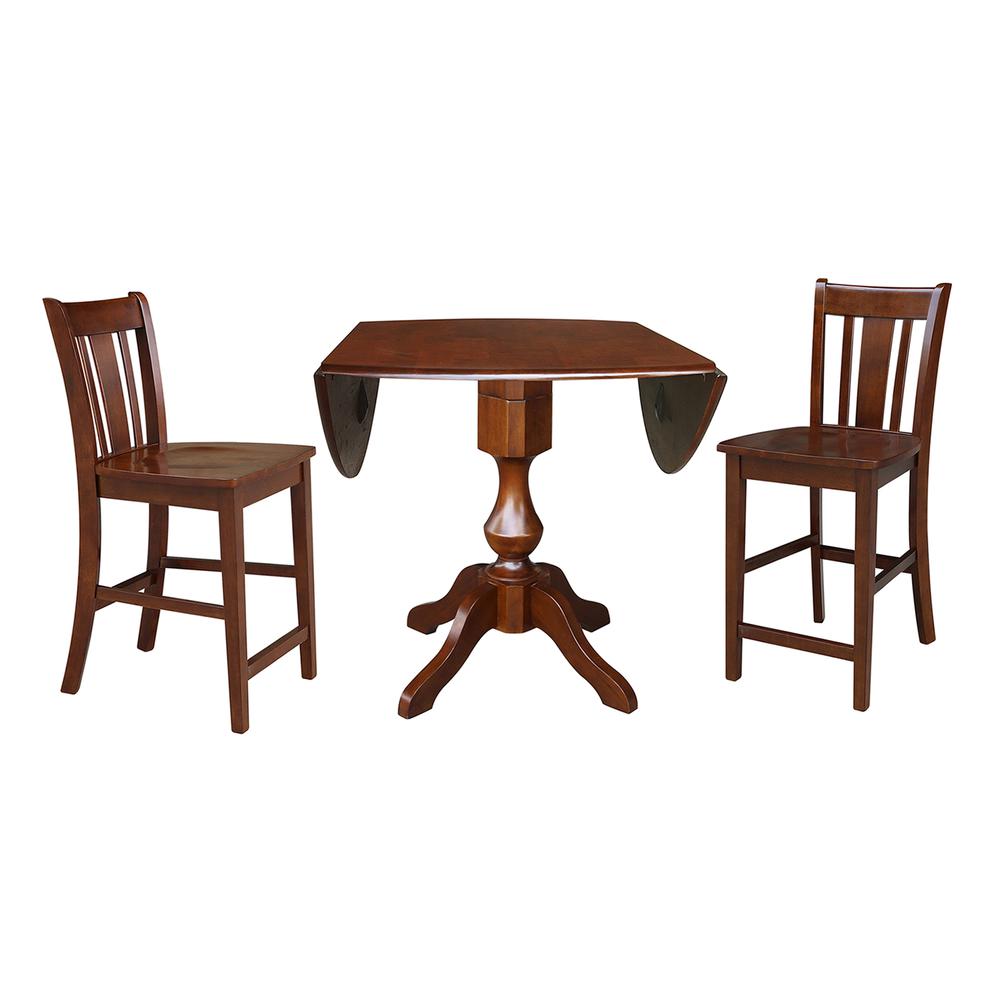 42" Round Pedestal Gathering Height Table with Two Counter Height Stools, Espresso. Picture 2