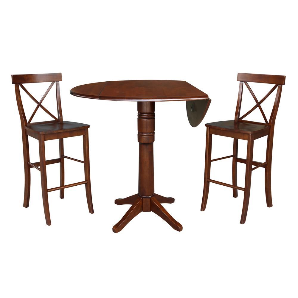 42" Round Pedestal Bar Height Table with Two Bar Height Stools, Espresso, Espresso. Picture 1