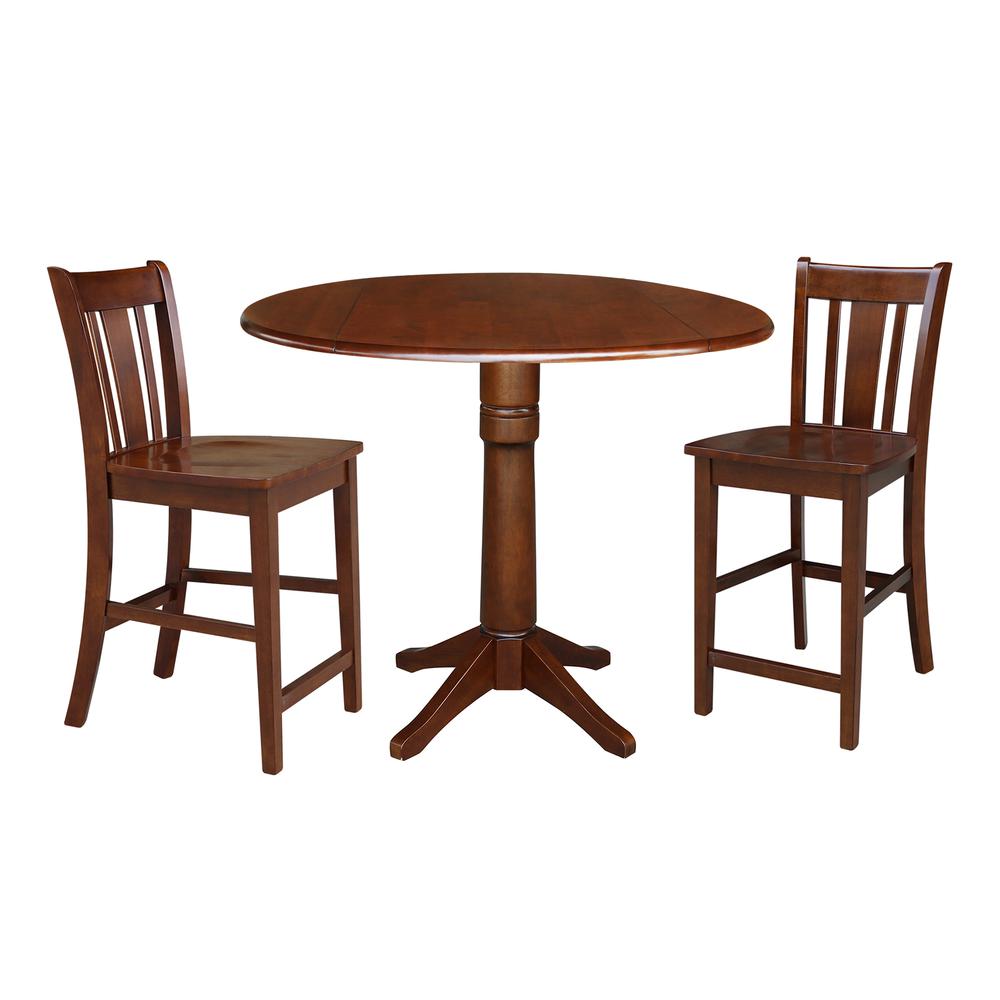 42" Round Pedestal Gathering Height Table with Two Counter Height Stools, Espresso, Espresso. Picture 3