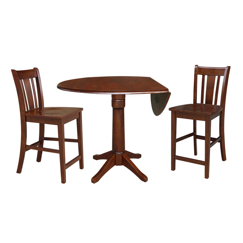 42" Round Pedestal Gathering Height Table with Two Counter Height Stools, Espresso, Espresso. Picture 1