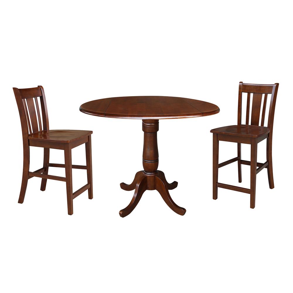 42" Round Pedestal Gathering Height Table with Two Counter Height Stools, Espresso, Espresso. Picture 3