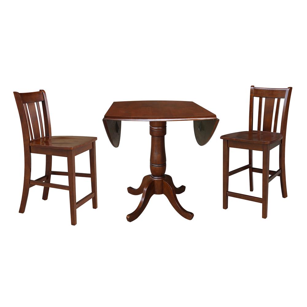 42" Round Pedestal Gathering Height Table with Two Counter Height Stools, Espresso, Espresso. Picture 2