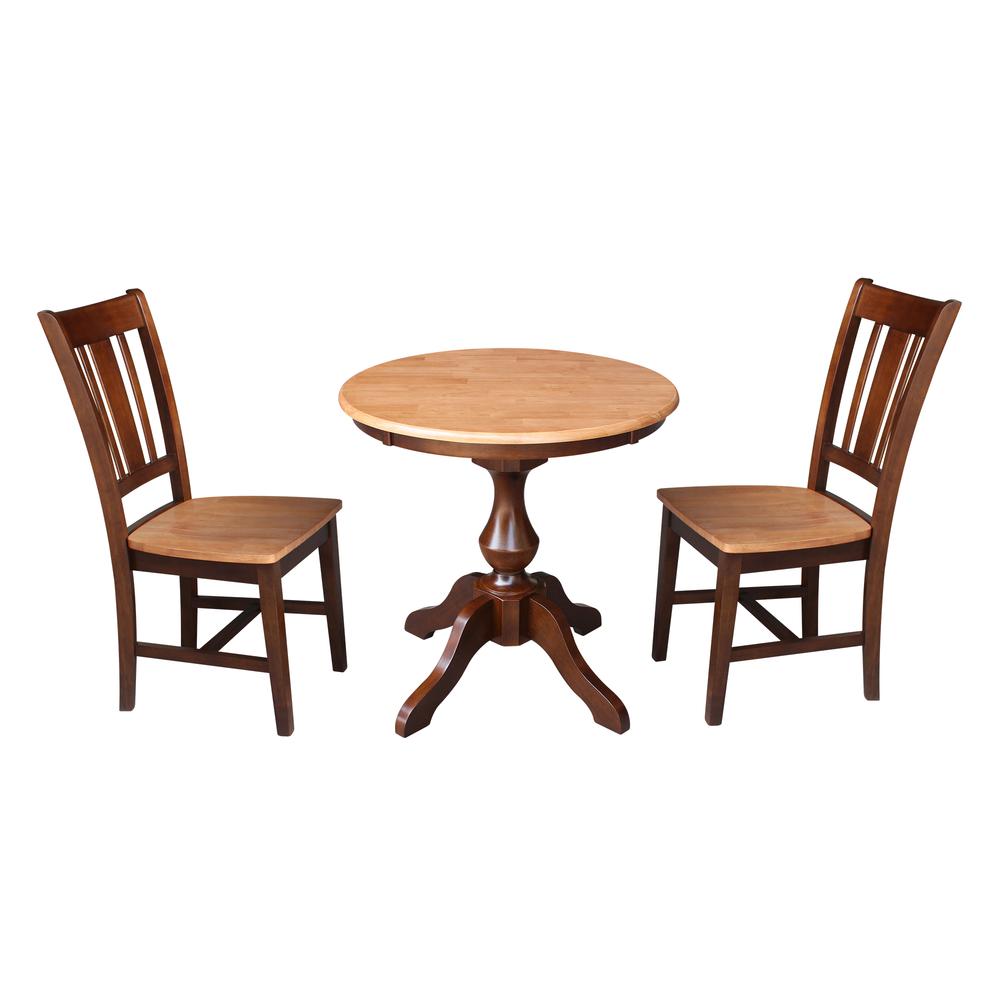 30" Round Top Pedestal Table - With 2 Chairs, Cinnamon/Espresso. Picture 1
