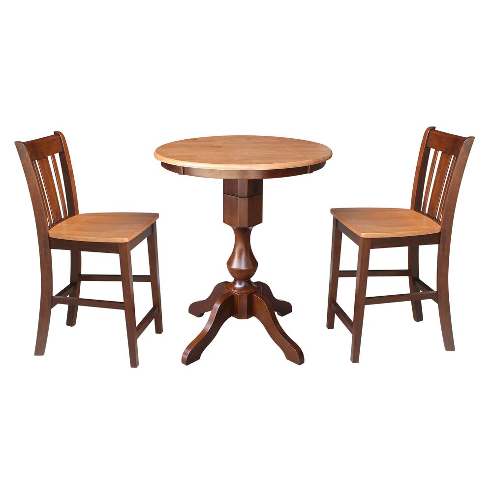 30" Round Pedestal Gathering Height Table With 2 Counter Height Stools. Picture 1