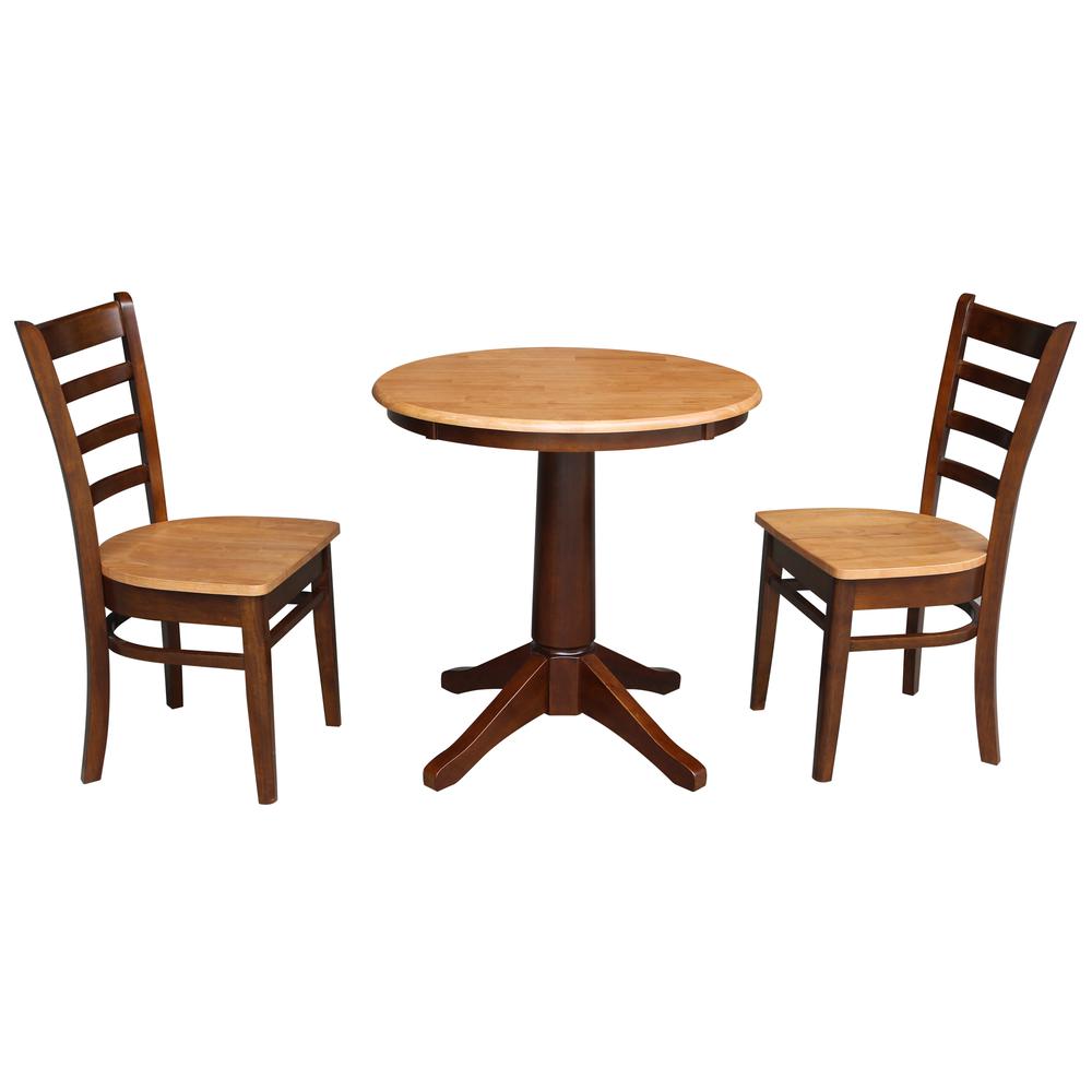 30" Round Top Pedestal Table - With 2 Chairs, Cinnamon/Espresso. Picture 2