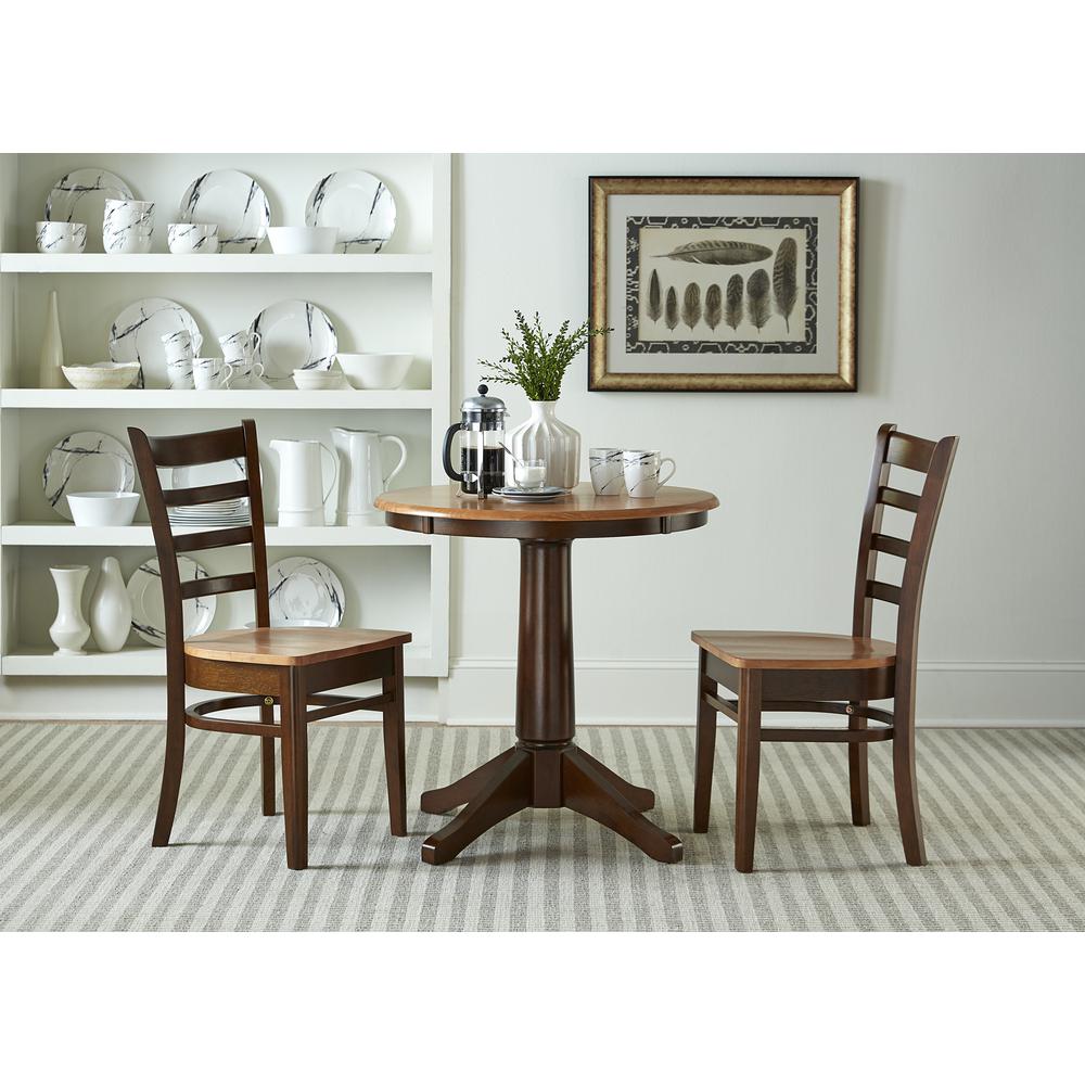 30" Round Top Pedestal Table - With 2 Chairs, Cinnamon/Espresso. Picture 1
