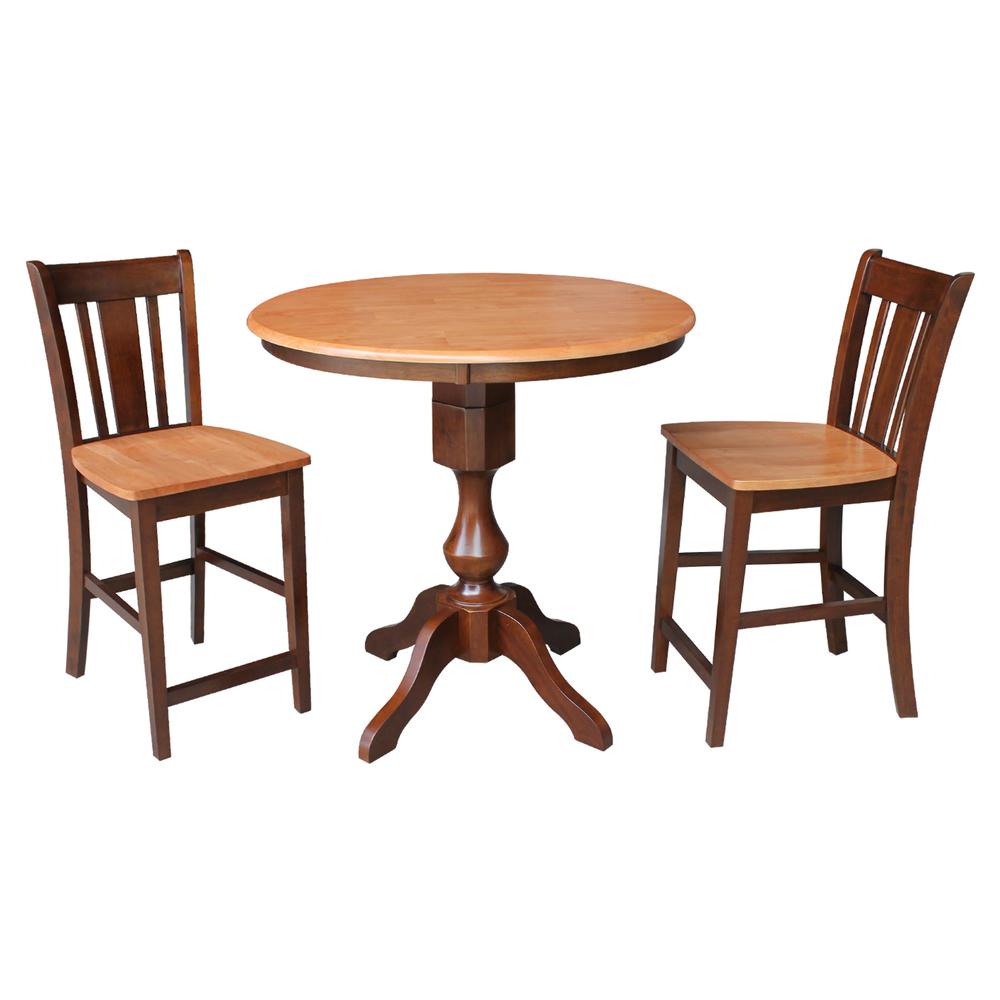 36" Round Pedestal Gathering Height Table With 2 Counter Height Stools, Cinnamon/Espresso. Picture 2
