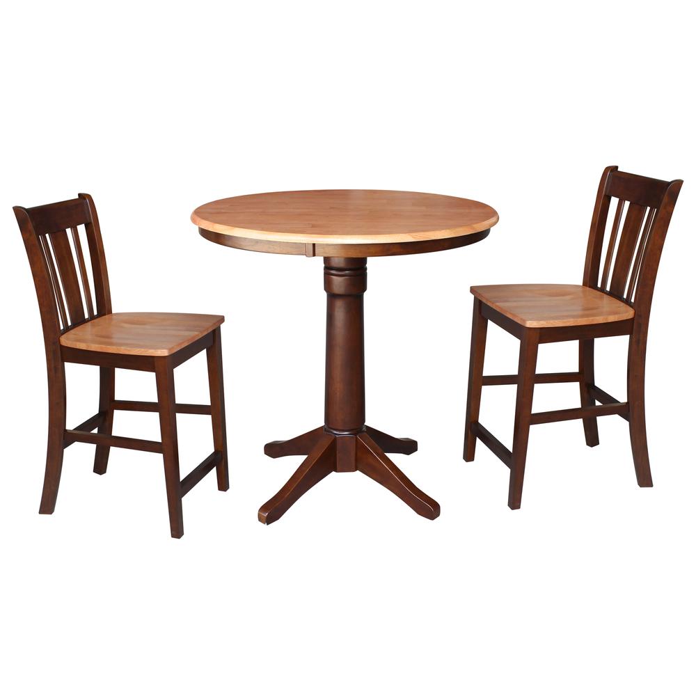 36" Round Pedestal Gathering Height Table With 2 Counter Height Stools. Picture 1