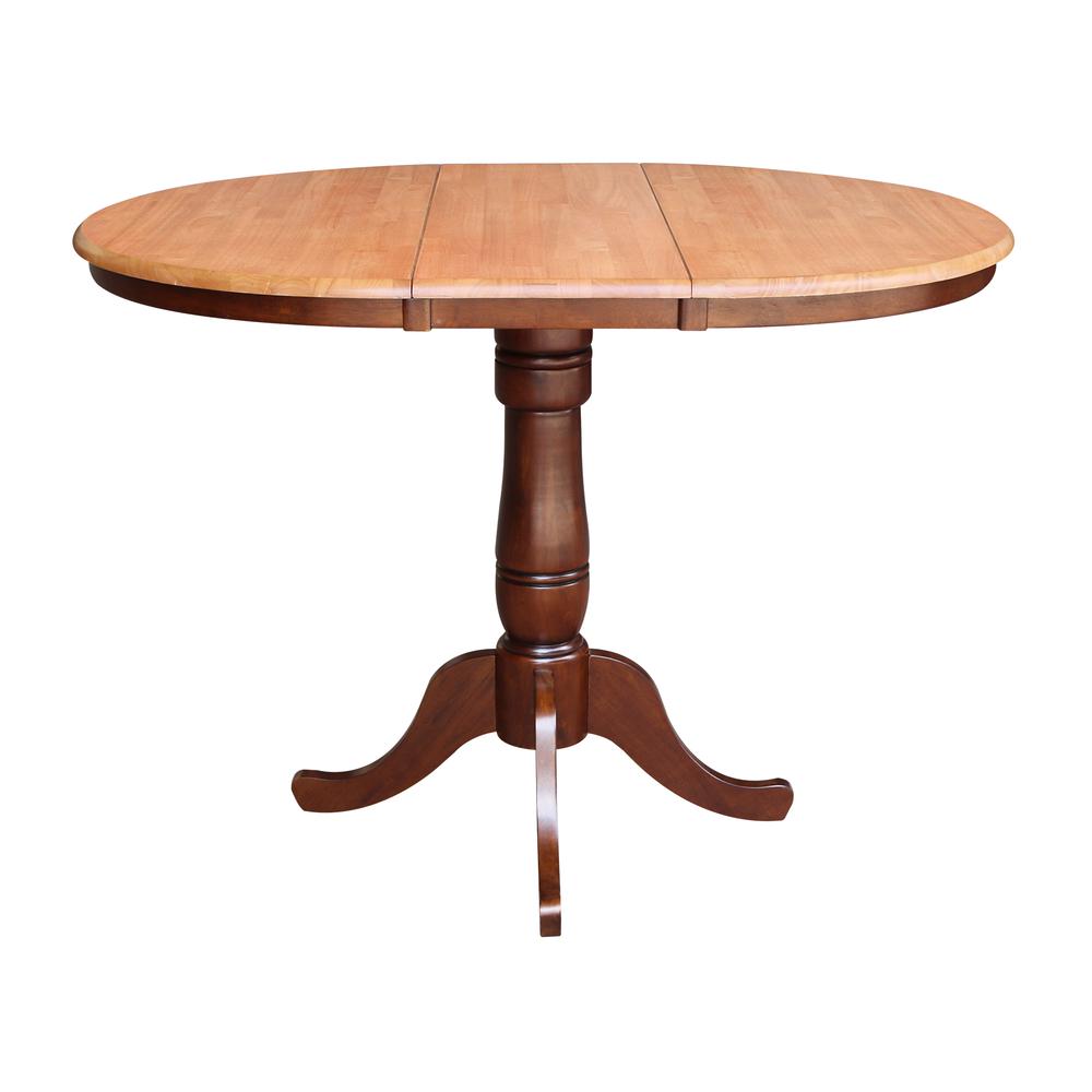 36" Round Top Pedestal Table With 12" Leaf - 34.9"H - Dining or Counter Height, Cinnamon/Espresso. Picture 2