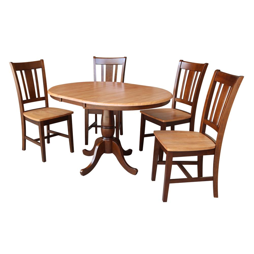 36" Round Top Pedestal Ext Table With 12" Leaf And 4 Rta Chairs, Cinnamon/Espresso. Picture 1