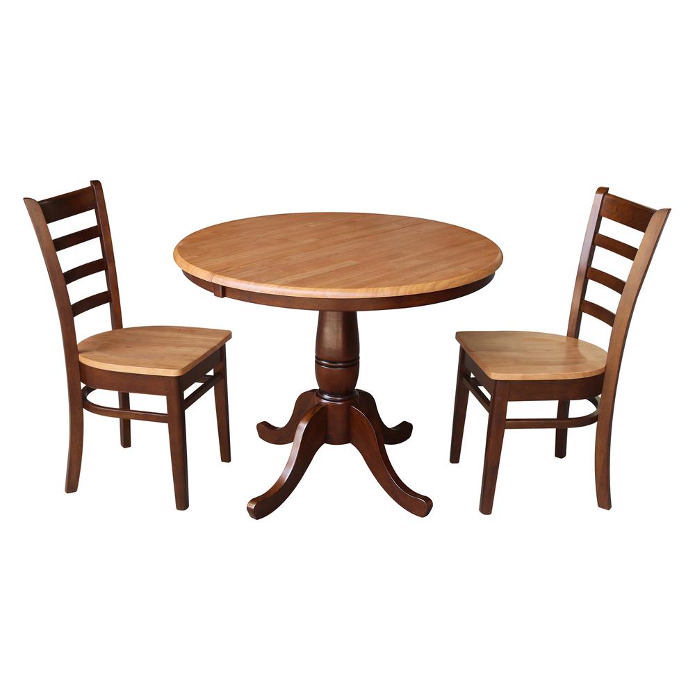 36" Round Top Pedestal Ext Table With 12" Leaf And 2 Rta Chairs, Cinnamon/Espresso. Picture 1
