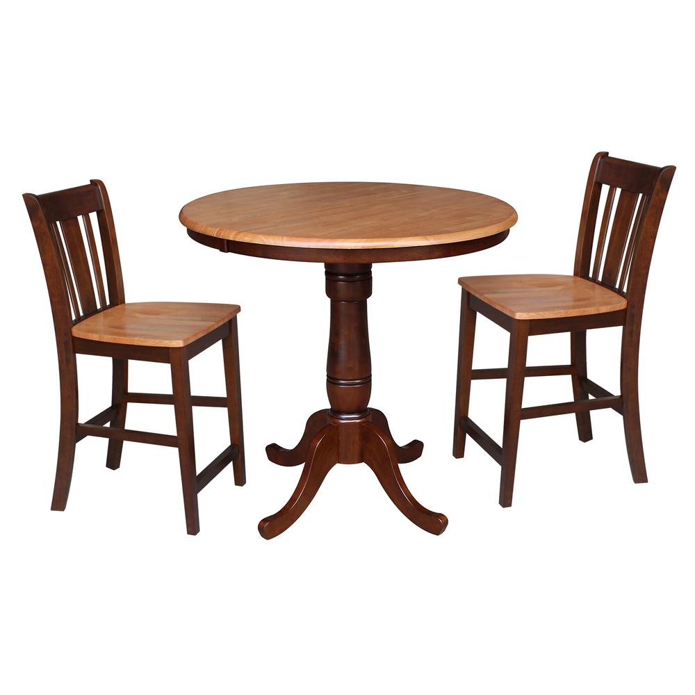 36" Round Top Pedestal Table With 12" Leaf - 34.9"H - Counter Height - With 4 Rta Counter height Stools, Cinnamon/Espresso. Picture 1