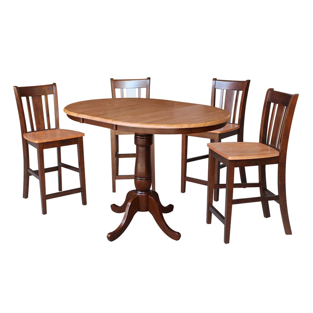 36" Round Top Pedestal Table With 12" Leaf - 34.9"H - Counter Height - With 4 San Remo Stools, Cinnamon/Espresso. Picture 1