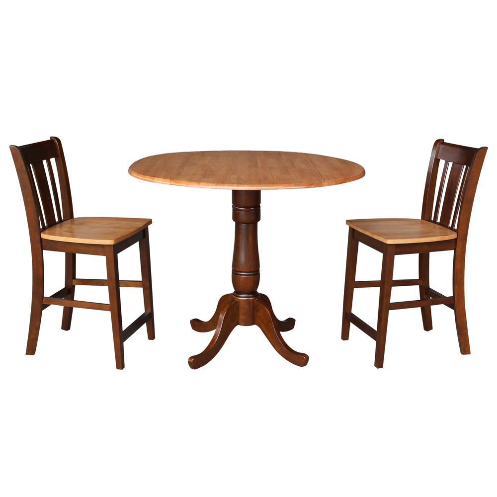 42" Round Pedestal Gathering Height Table with 2 Counter Height Stools, Cinnamon/Espresso. Picture 3