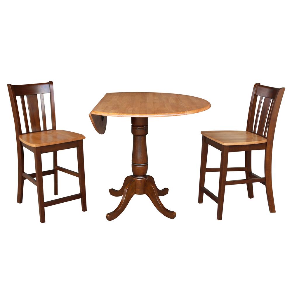 42" Round Pedestal Gathering Height Table with 2 Counter Height Stools, Cinnamon/Espresso. Picture 1