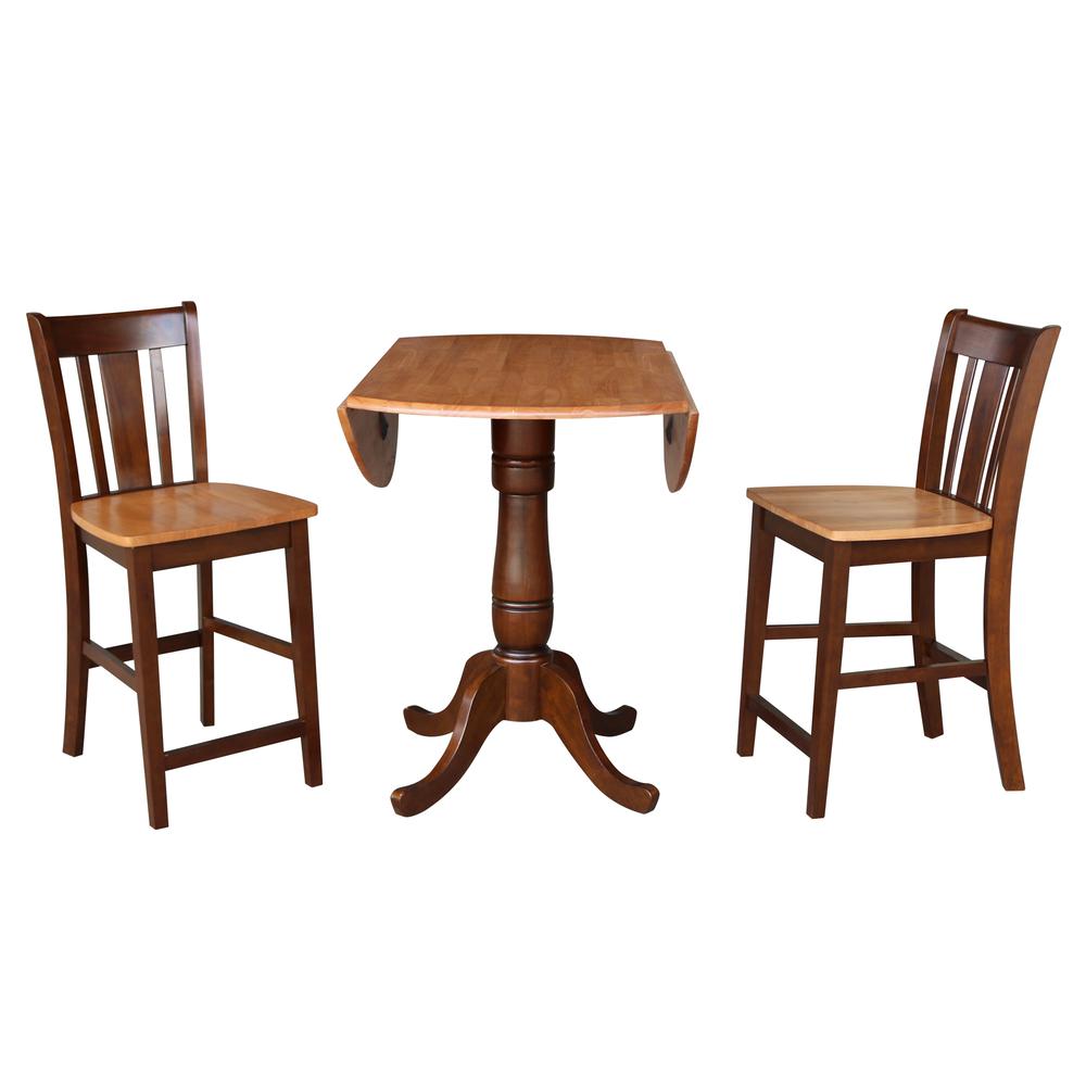 42" Round Pedestal Gathering Height Table with 2 Counter Height Stools, Cinnamon/Espresso. Picture 2