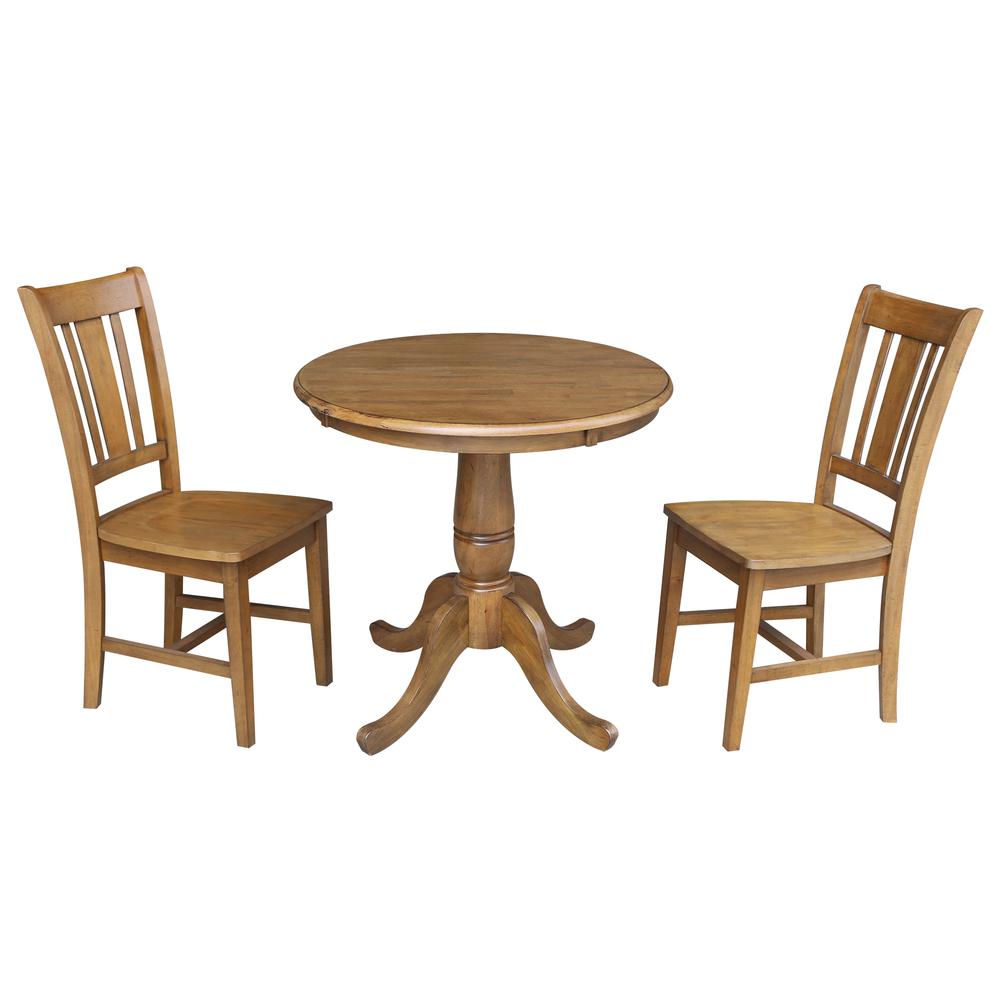 30" Round Pedestal Dining Table With 2 Chairs, Pecan. Picture 1