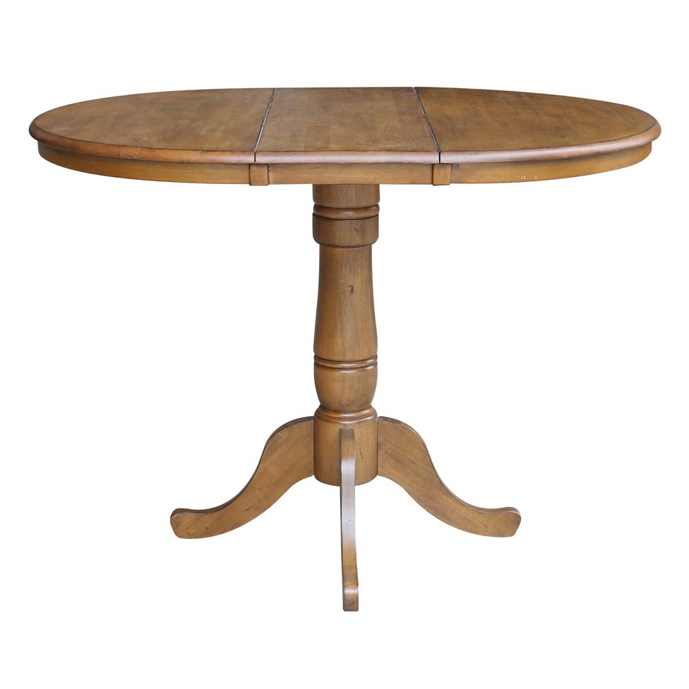 36" Round Top Pedestal Table With 12" Leaf - 34.9"H - Dining or Counter Height, Pecan. Picture 2