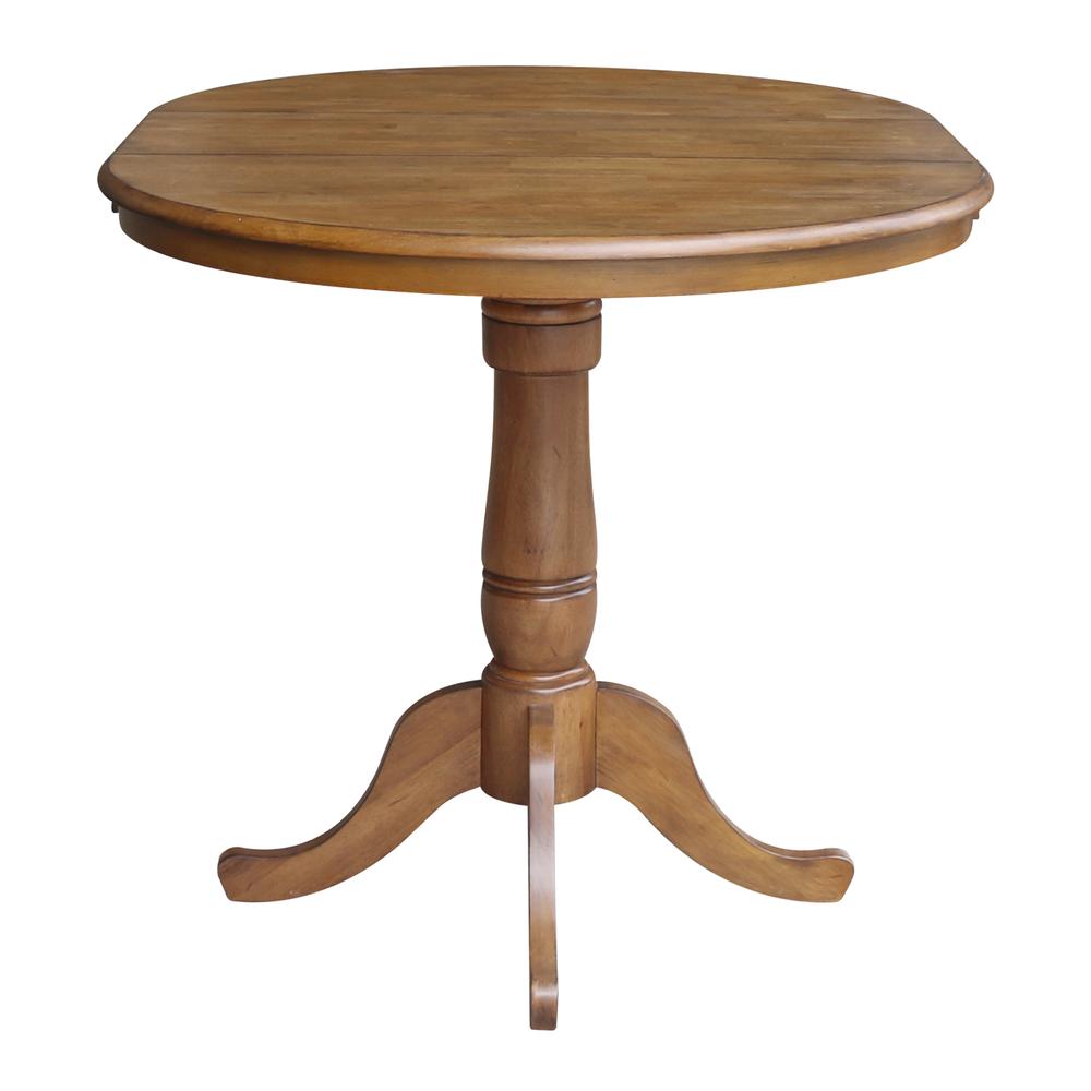 36" Round Top Pedestal Table With 12" Leaf - 34.9"H - Dining or Counter Height, Pecan. Picture 4