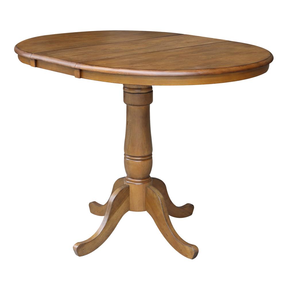 36" Round Top Pedestal Table With 12" Leaf - 34.9"H - Dining or Counter Height, Pecan. Picture 7