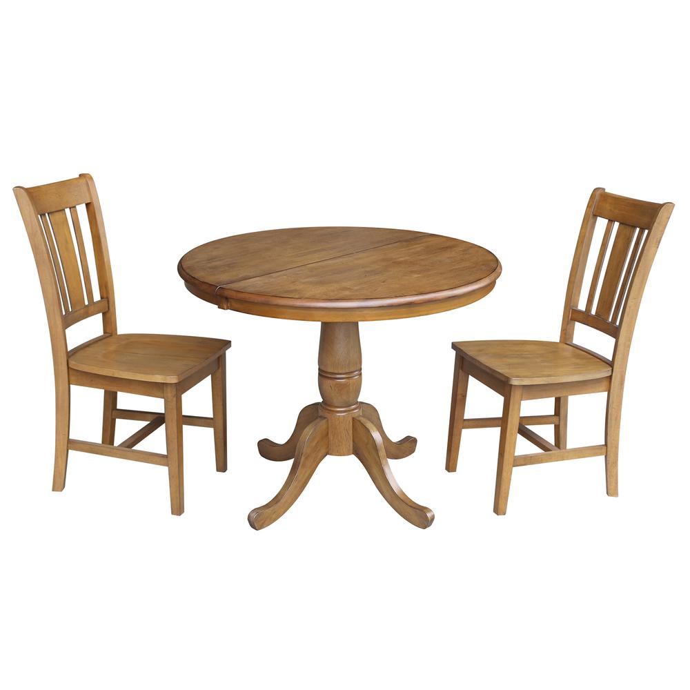 36" Round Top Pedestal Ext Table With 12" Leaf And 2 Rta Chairs, Pecan. Picture 1