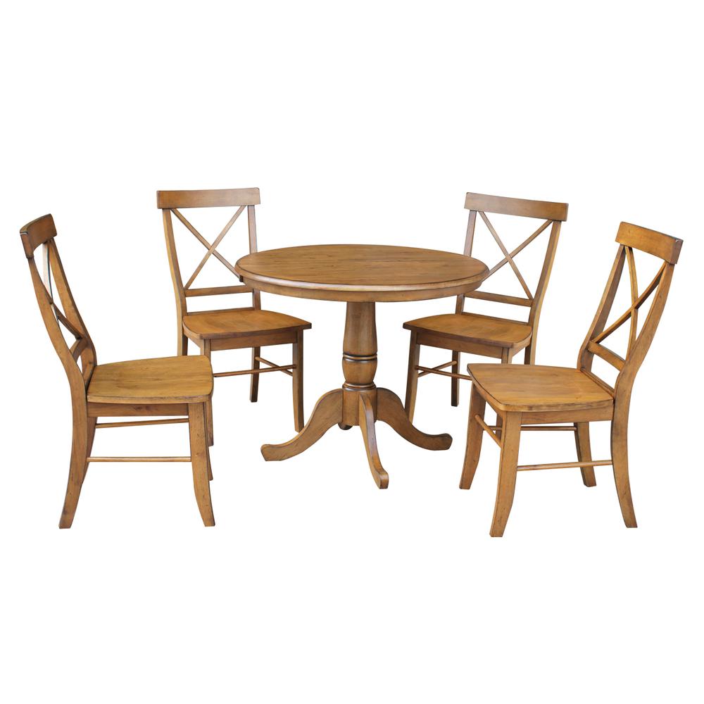 36" Round Top Pedestal Ext Table With 12" Leaf And 4 X-Back Rta Chairs, Pecan. Picture 2